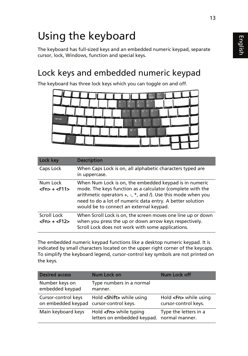 Using the keyboard, Lock keys and embedded numeric keypad | Acer TravelMate 4060 User Manual | Page 23 / 68