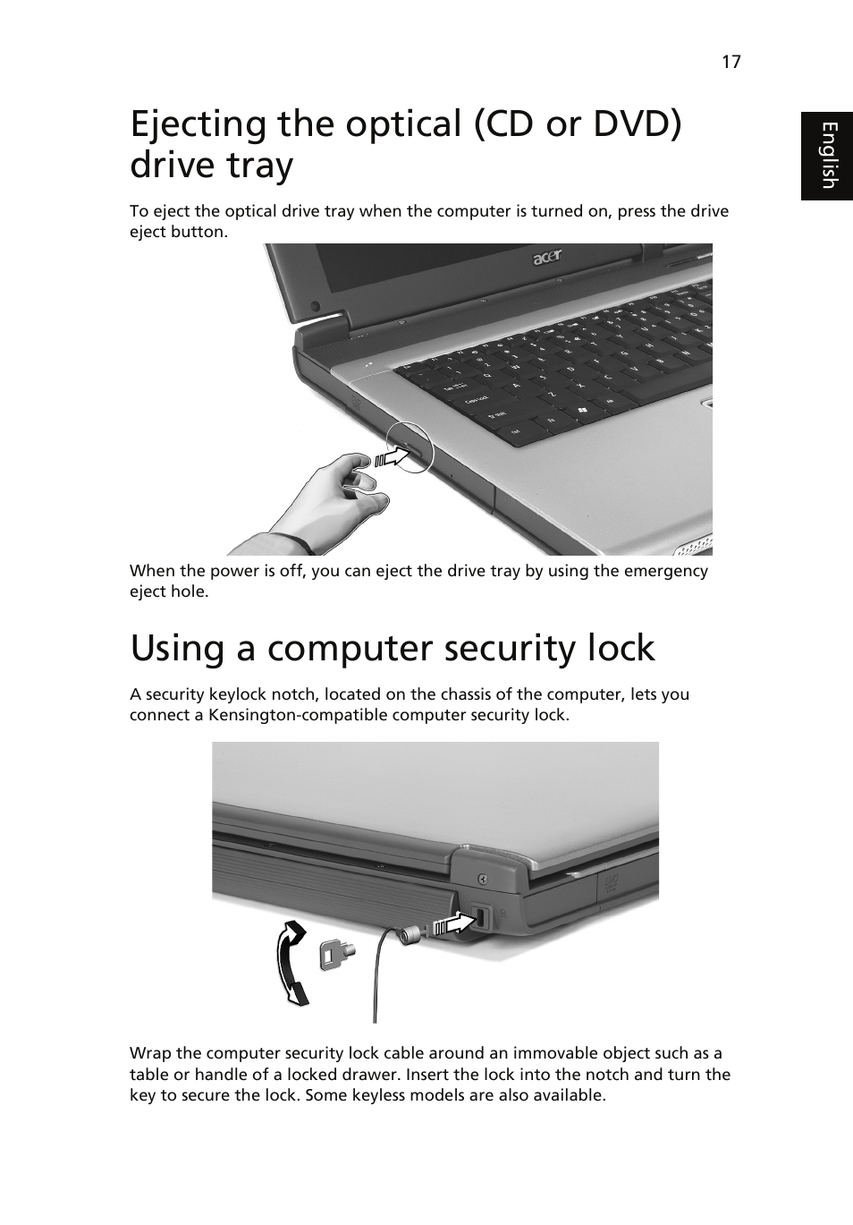 Ejecting the optical (cd or dvd) drive tray, Using a computer security lock | Acer TravelMate 4060 User Manual | Page 27 / 68