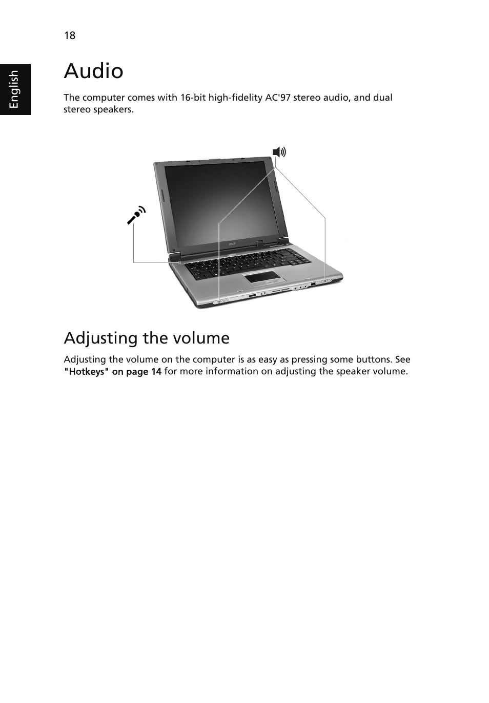 Audio, Adjusting the volume | Acer TravelMate 4060 User Manual | Page 28 / 68