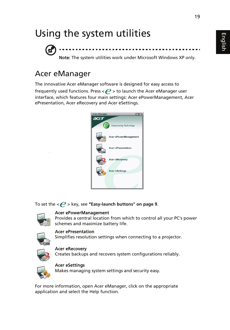 Using the system utilities, Acer emanager | Acer TravelMate 4060 User Manual | Page 29 / 68