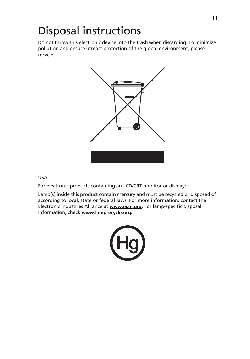 Disposal instructions | Acer TravelMate 4060 User Manual | Page 3 / 68