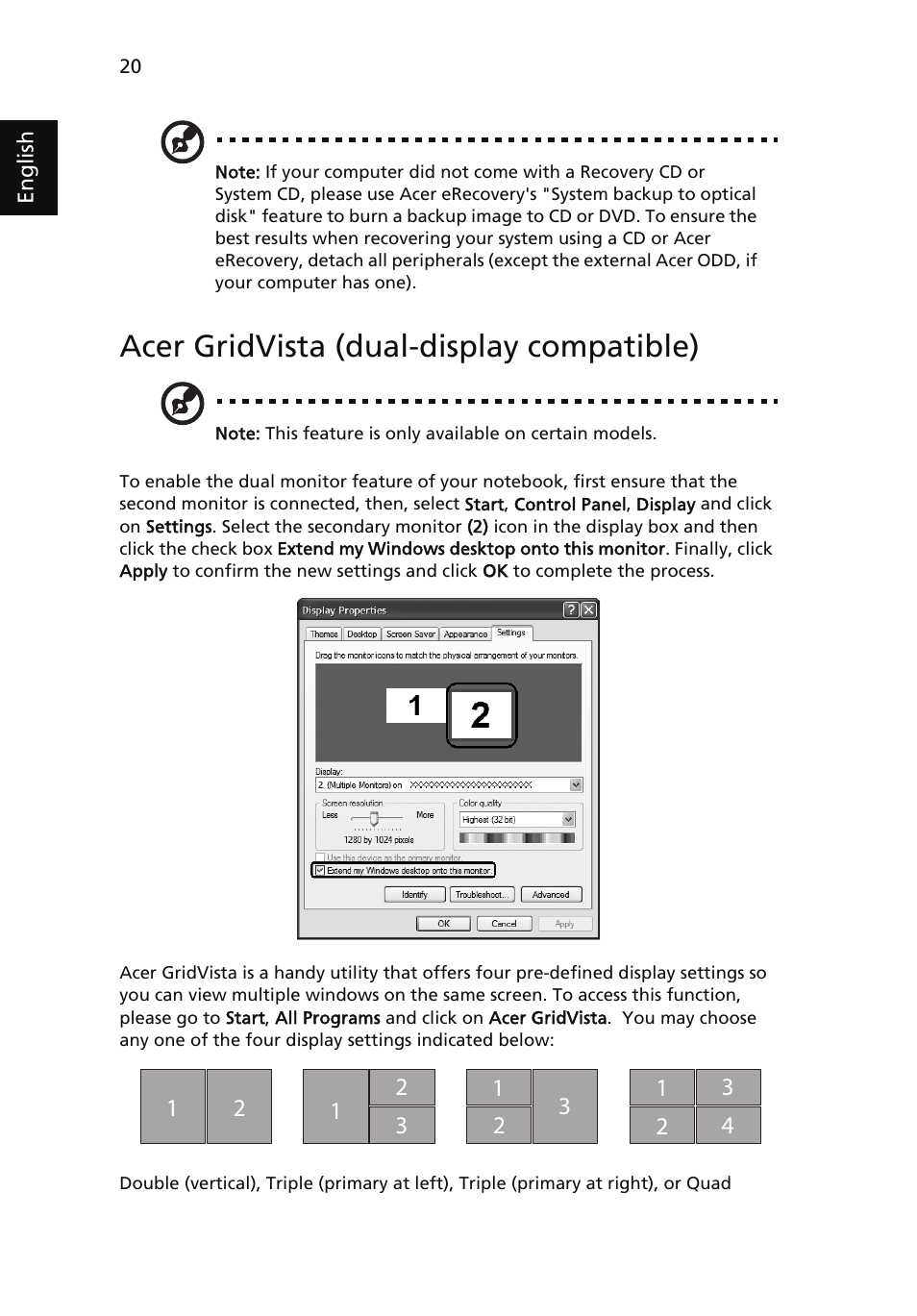 Acer gridvista (dual-display compatible) | Acer TravelMate 4060 User Manual | Page 30 / 68