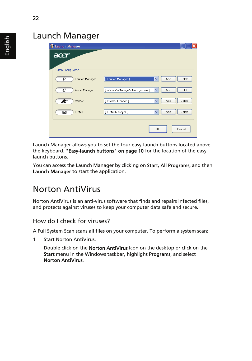 Launch manager, Norton antivirus | Acer TravelMate 4060 User Manual | Page 32 / 68