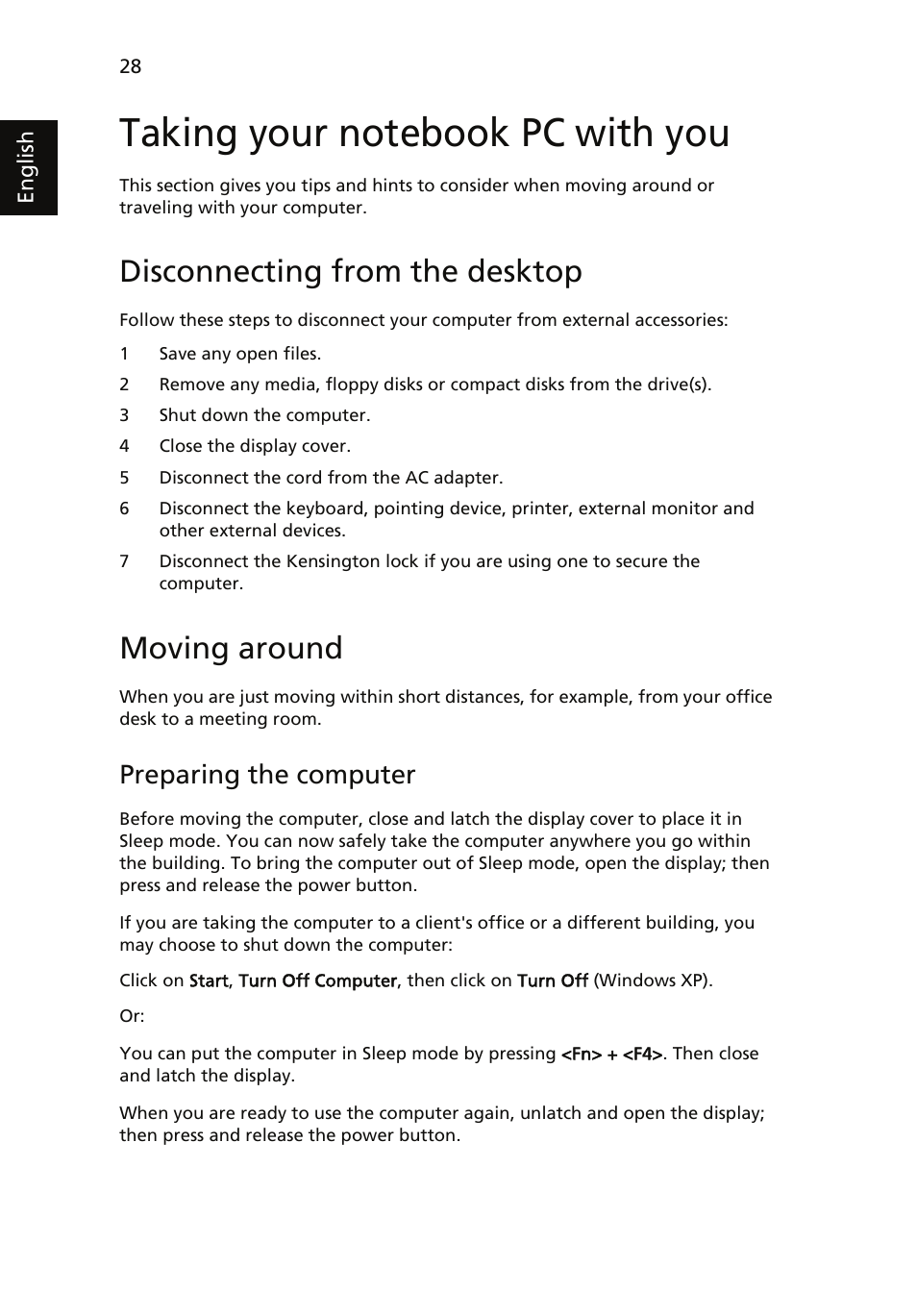 Taking your notebook pc with you, Disconnecting from the desktop, Moving around | Preparing the computer | Acer TravelMate 4060 User Manual | Page 38 / 68