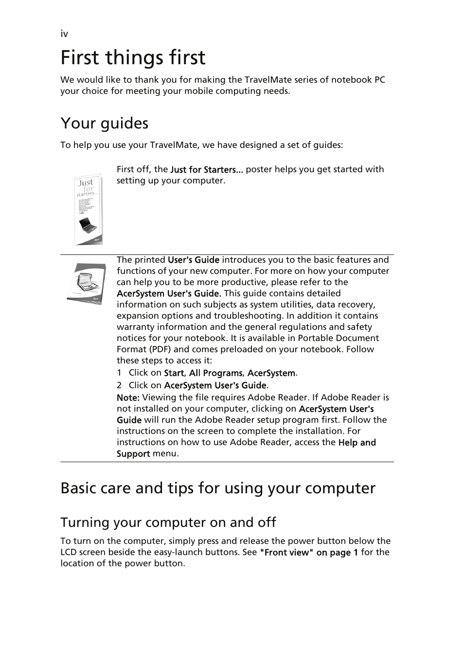 First things first, Your guides, Basic care and tips for using your computer | Acer TravelMate 4060 User Manual | Page 4 / 68