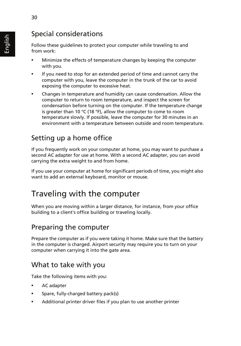 Traveling with the computer, Special considerations, Setting up a home office | Preparing the computer, What to take with you | Acer TravelMate 4060 User Manual | Page 40 / 68