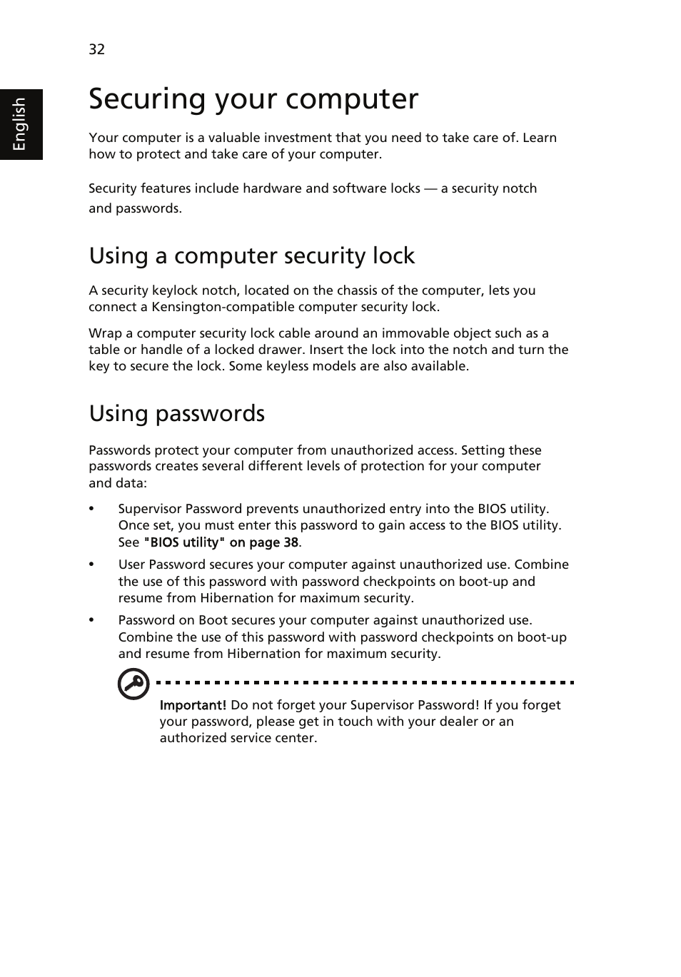 Securing your computer, Using a computer security lock, Using passwords | Acer TravelMate 4060 User Manual | Page 42 / 68