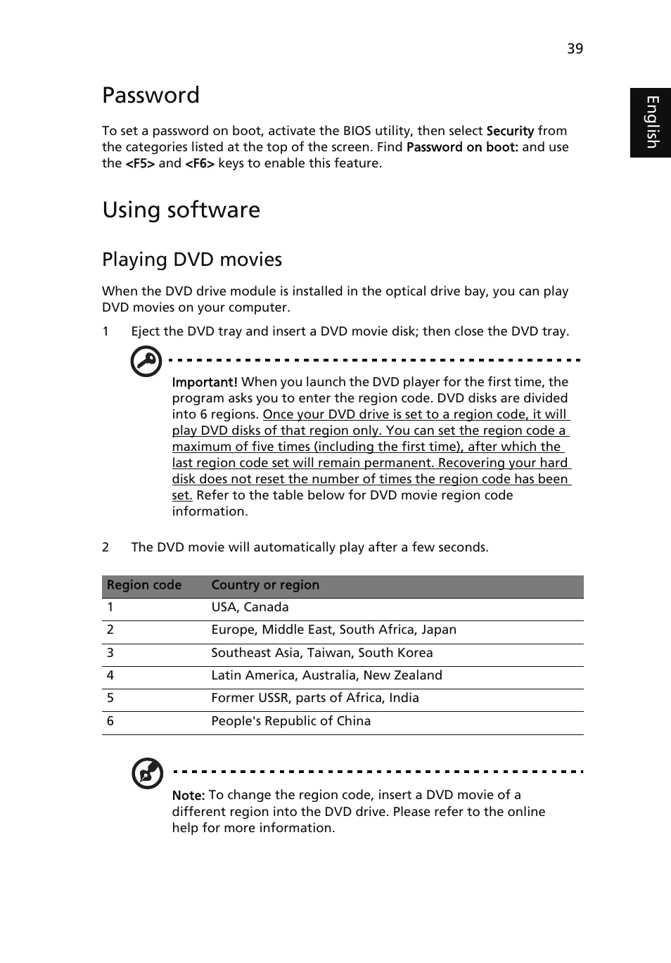 Using software, Password, Playing dvd movies | Acer TravelMate 4060 User Manual | Page 49 / 68