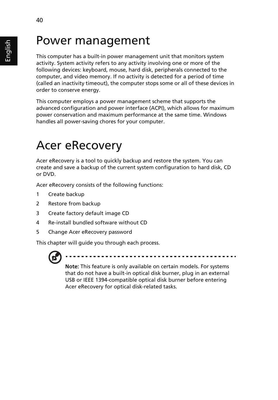 Power management, Acer erecovery | Acer TravelMate 4060 User Manual | Page 50 / 68