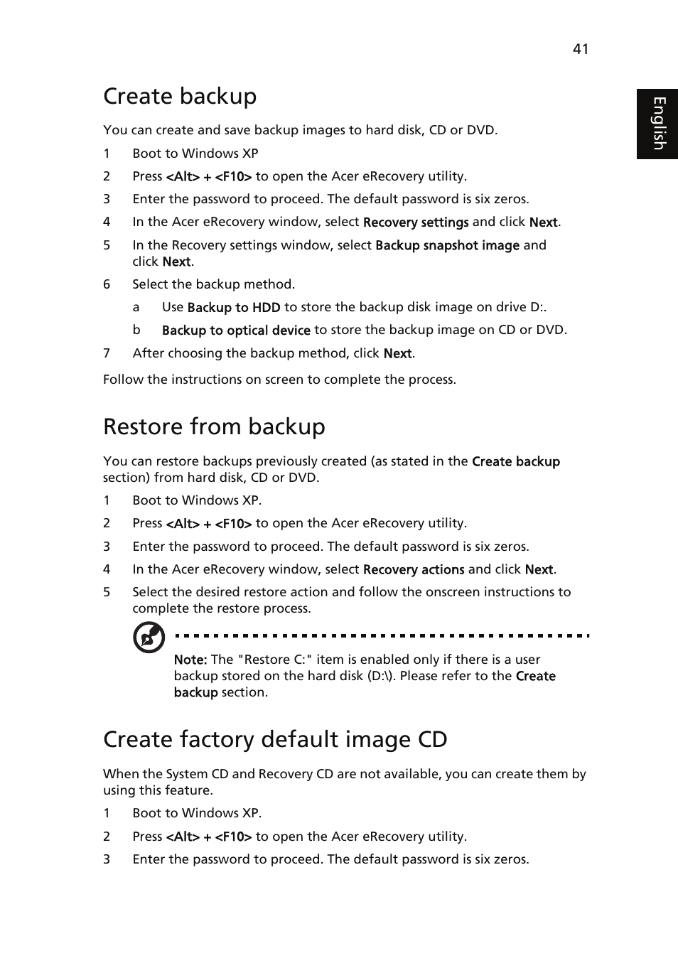 Create backup, Restore from backup, Create factory default image cd | Acer TravelMate 4060 User Manual | Page 51 / 68