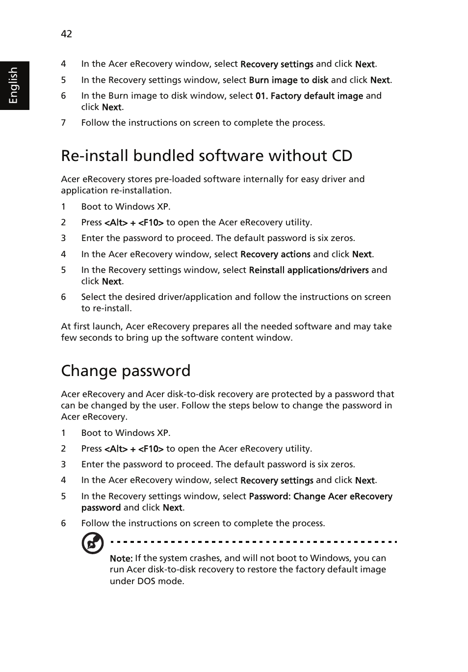 Re-install bundled software without cd, Change password | Acer TravelMate 4060 User Manual | Page 52 / 68