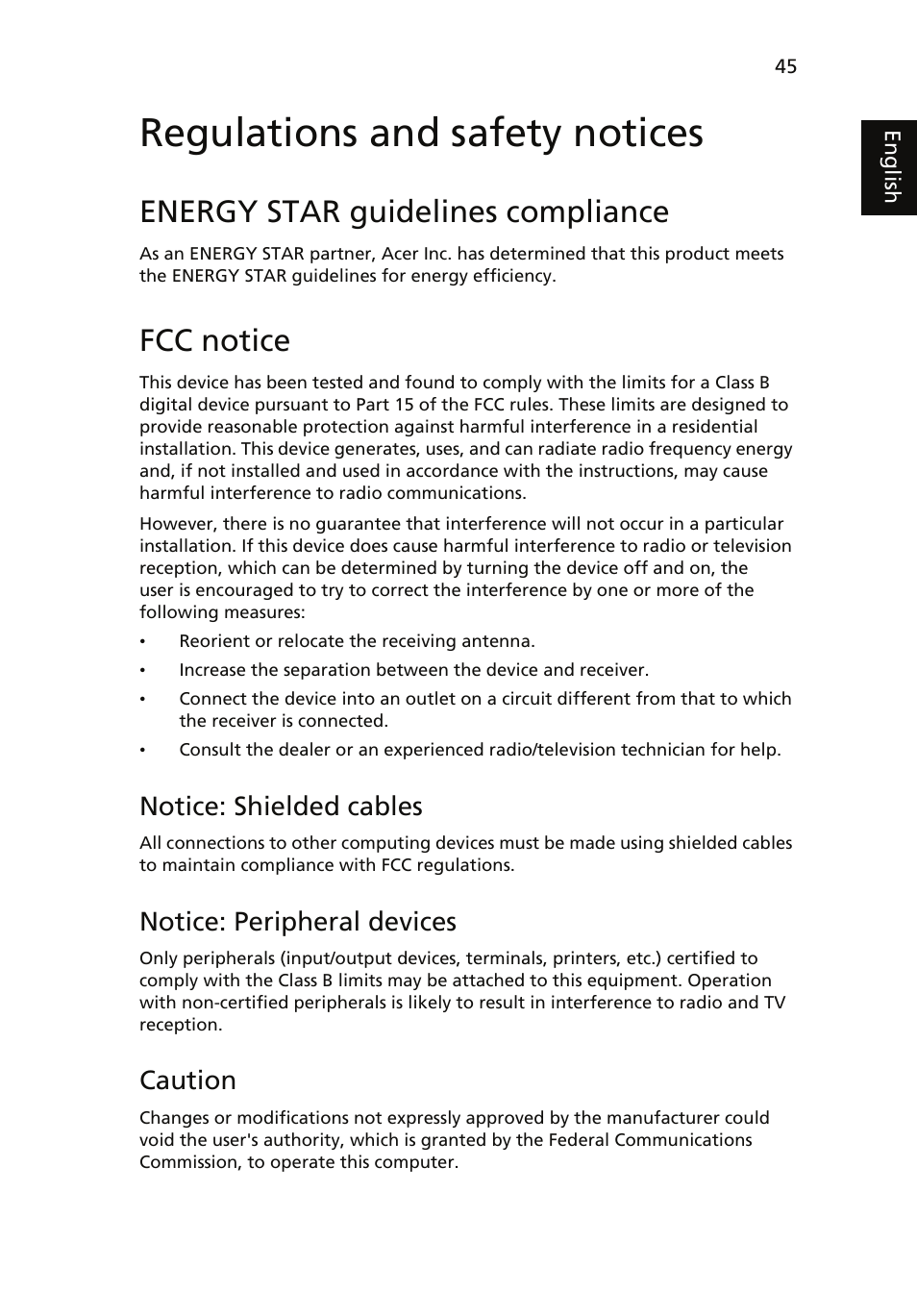 Regulations and safety notices, Energy star guidelines compliance, Fcc notice | Notice: shielded cables, Notice: peripheral devices, Caution | Acer TravelMate 4060 User Manual | Page 55 / 68