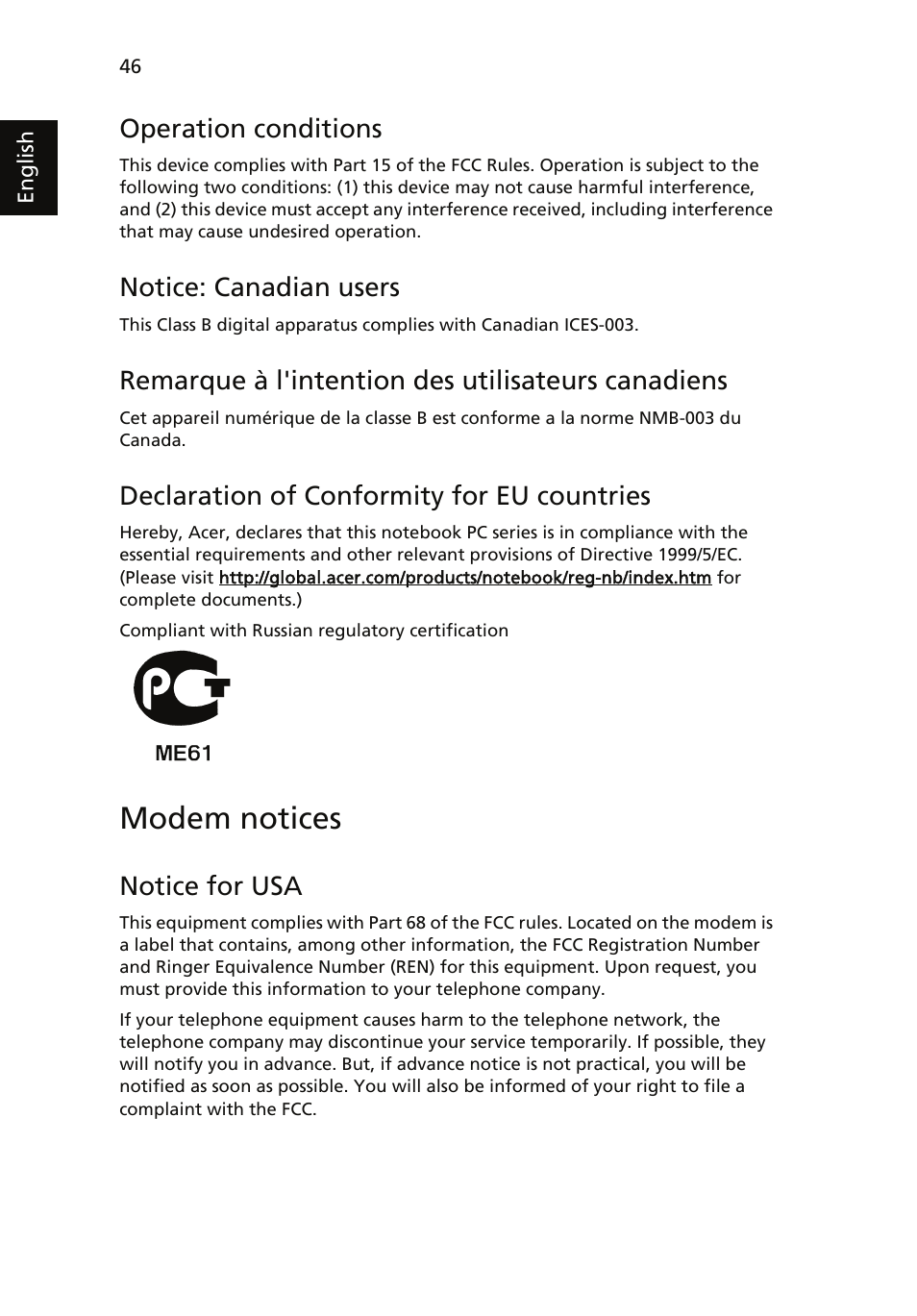 Modem notices, Operation conditions, Notice: canadian users | Remarque à l'intention des utilisateurs canadiens, Declaration of conformity for eu countries, Notice for usa | Acer TravelMate 4060 User Manual | Page 56 / 68