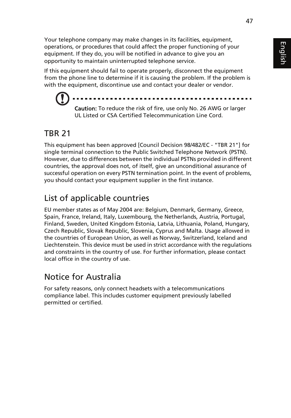 Tbr 21, List of applicable countries, Notice for australia | Acer TravelMate 4060 User Manual | Page 57 / 68