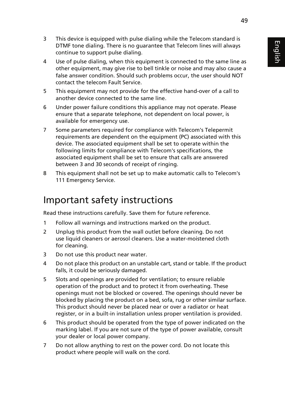 Important safety instructions | Acer TravelMate 4060 User Manual | Page 59 / 68