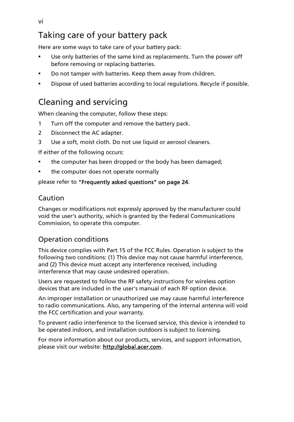 Taking care of your battery pack, Cleaning and servicing | Acer TravelMate 4060 User Manual | Page 6 / 68