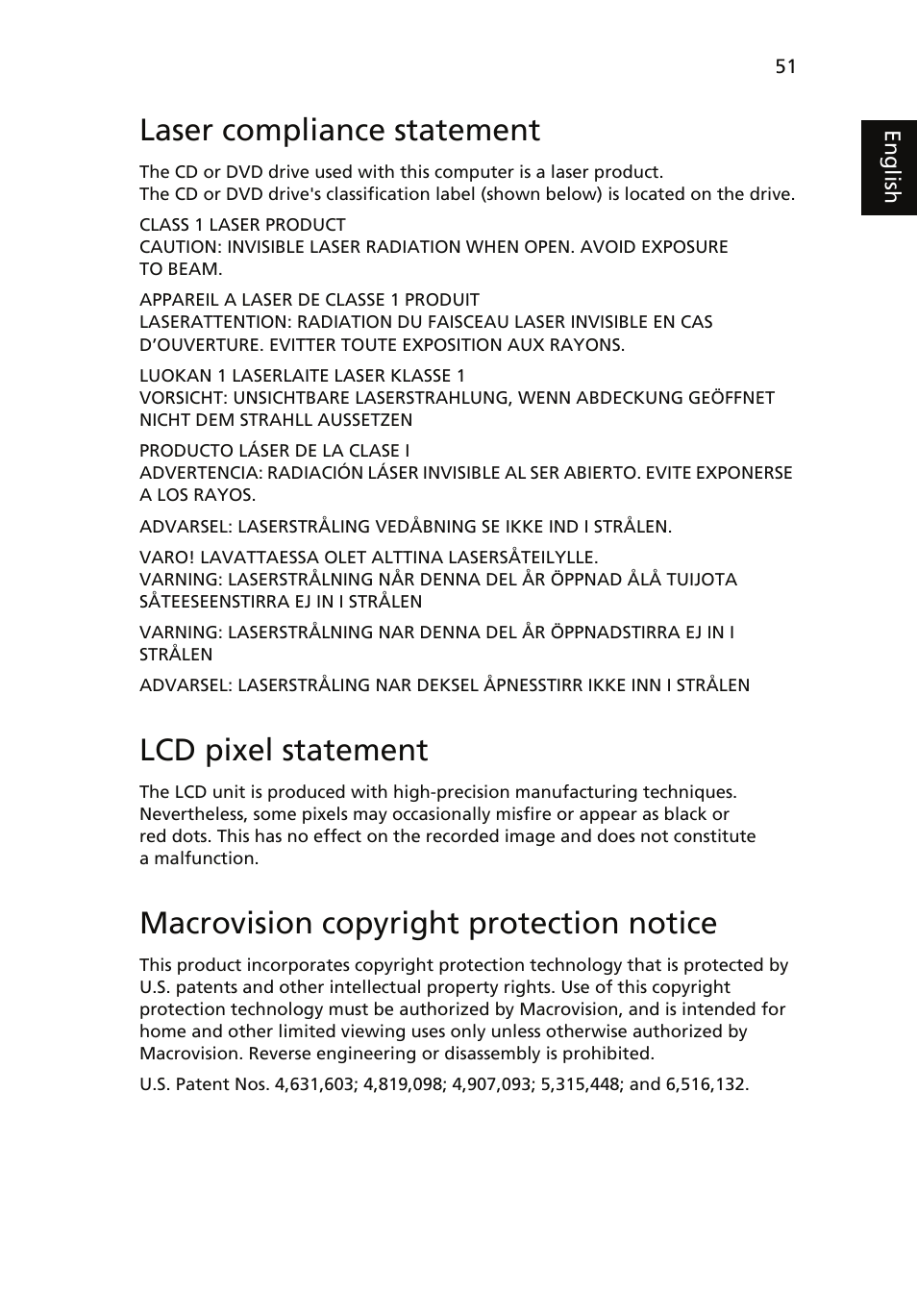 Laser compliance statement, Lcd pixel statement, Macrovision copyright protection notice | Acer TravelMate 4060 User Manual | Page 61 / 68