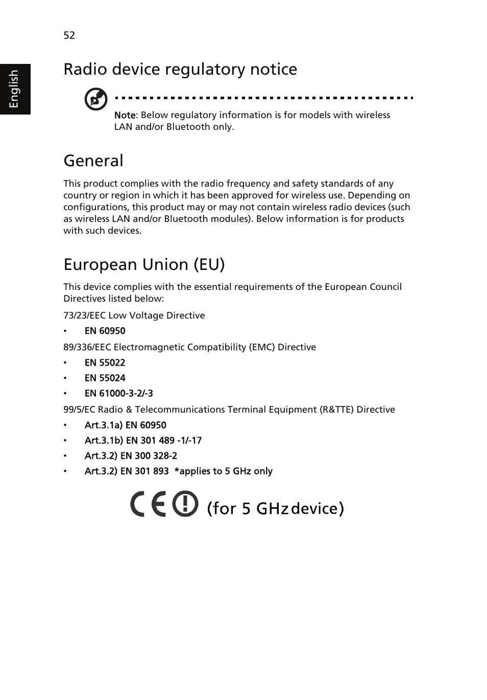 Radio device regulatory notice, General, European union (eu) | Acer TravelMate 4060 User Manual | Page 62 / 68