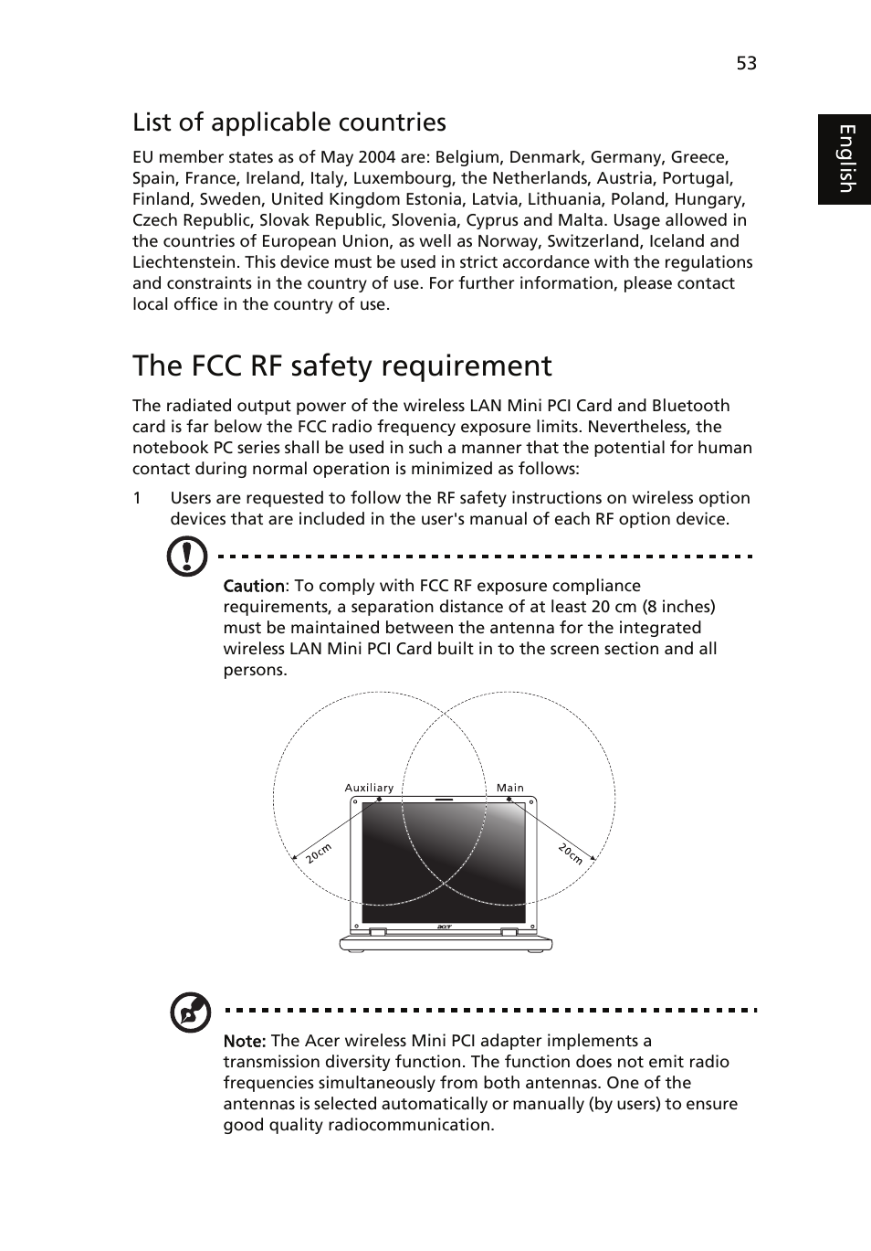 The fcc rf safety requirement, List of applicable countries | Acer TravelMate 4060 User Manual | Page 63 / 68