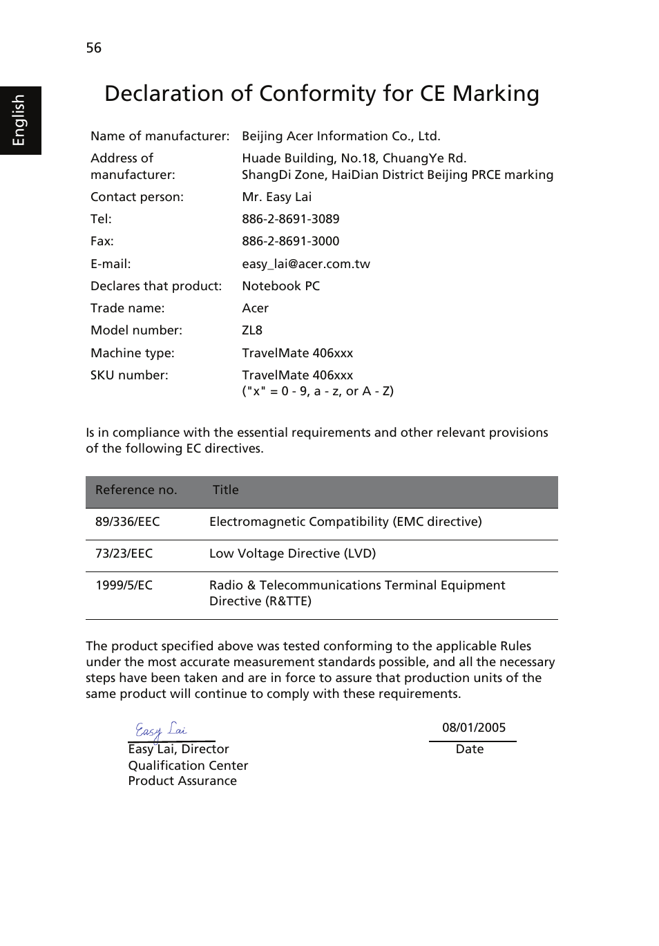 Declaration of conformity for ce marking, English | Acer TravelMate 4060 User Manual | Page 66 / 68