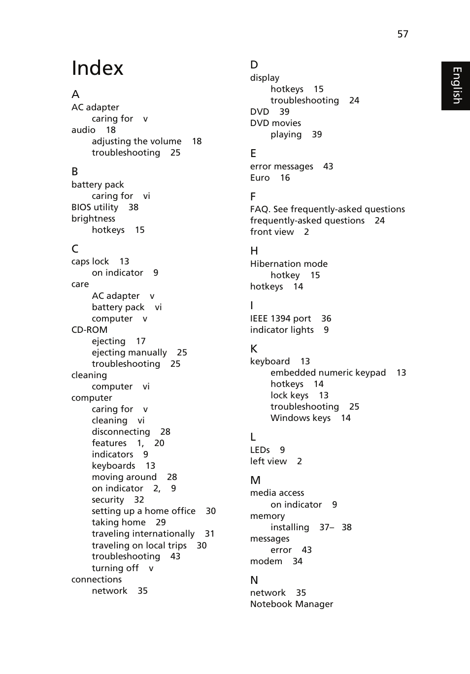 Index | Acer TravelMate 4060 User Manual | Page 67 / 68