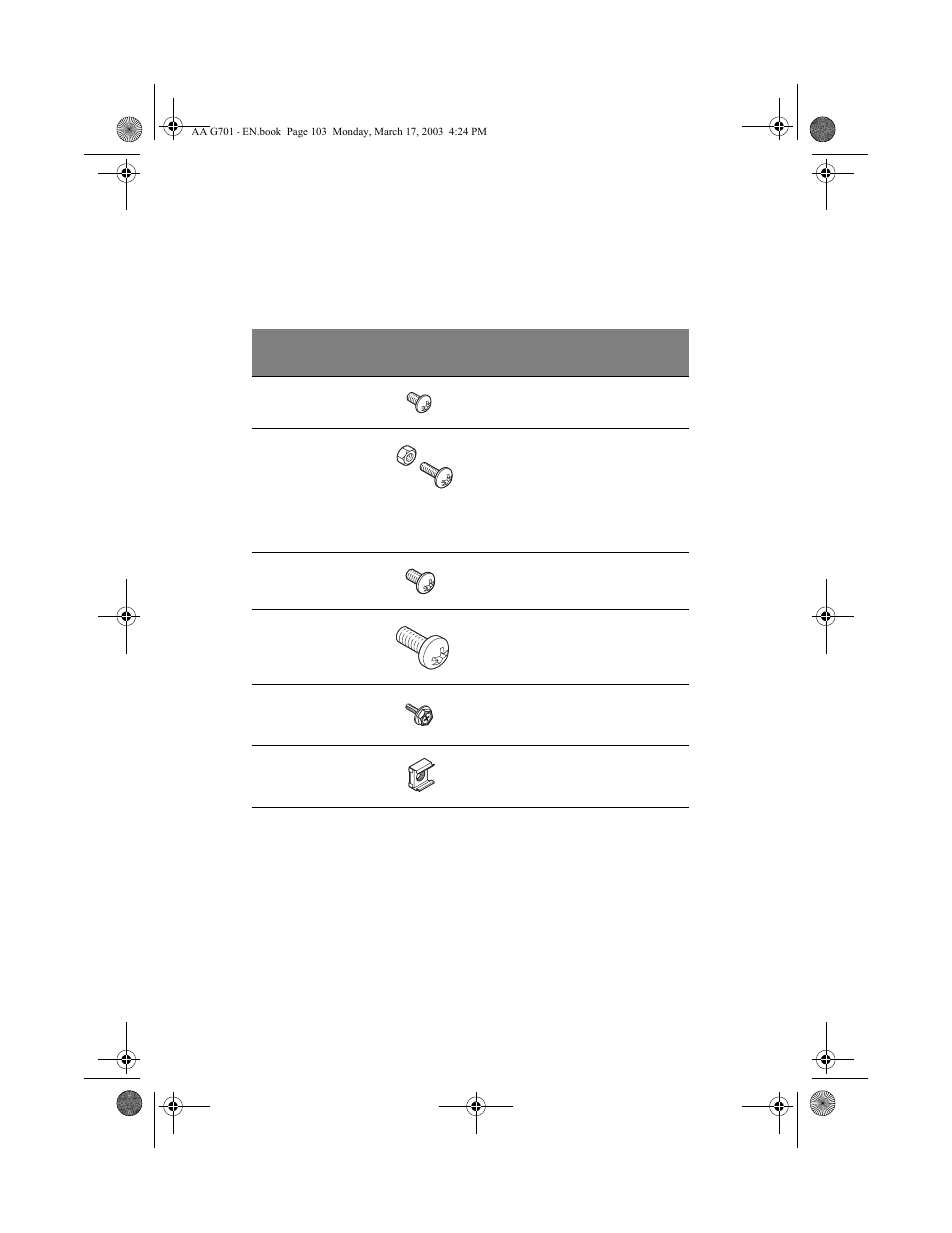 Screw types for rack installation | Acer Altos G701 User Manual | Page 115 / 126