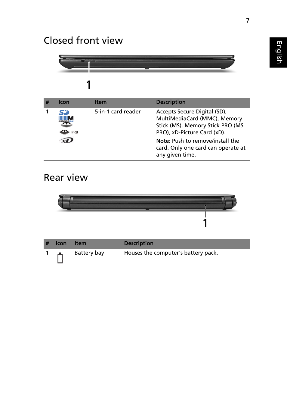 Closed front view, Rear view, Closed front view rear view | Acer Aspire 3935 User Manual | Page 7 / 12