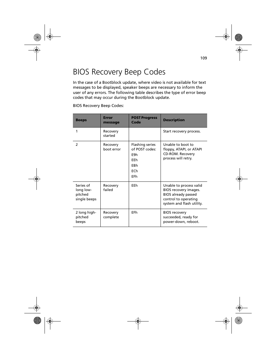 Bios recovery beep codes | Acer Altos R700 User Manual | Page 119 / 130