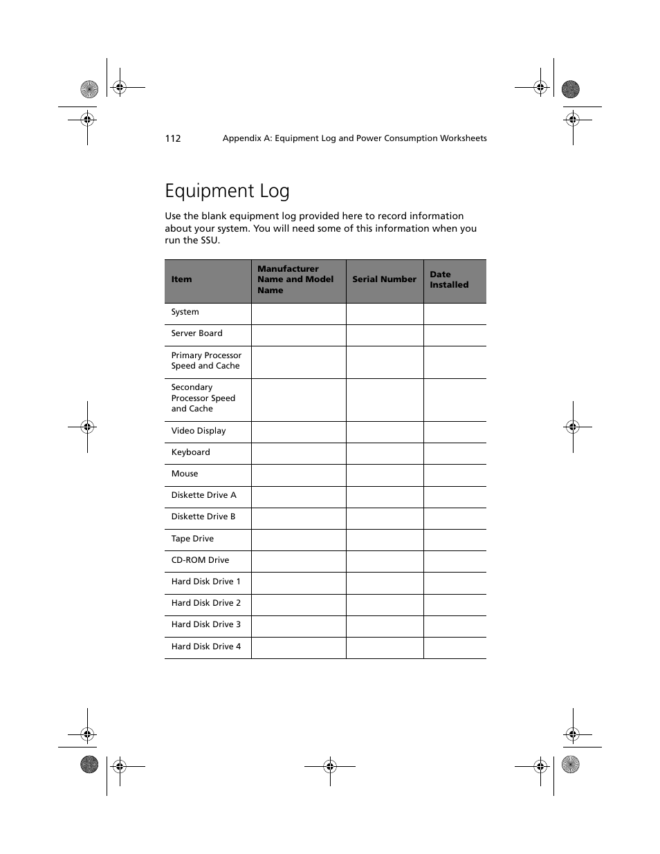 Equipment log | Acer Altos R700 User Manual | Page 122 / 130