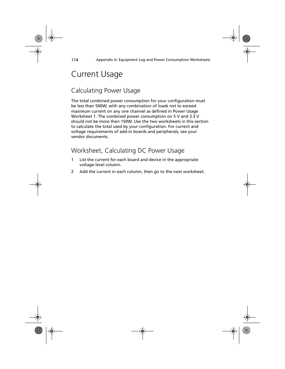 Current usage, Calculating power usage, Worksheet, calculating dc power usage | Acer Altos R700 User Manual | Page 124 / 130