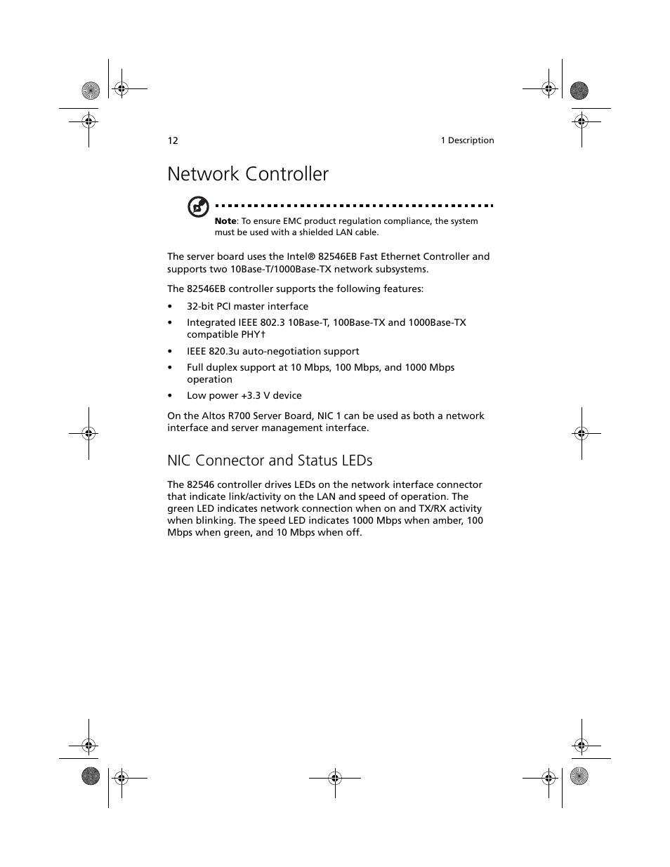 Network controller, Nic connector and status leds | Acer Altos R700 User Manual | Page 22 / 130