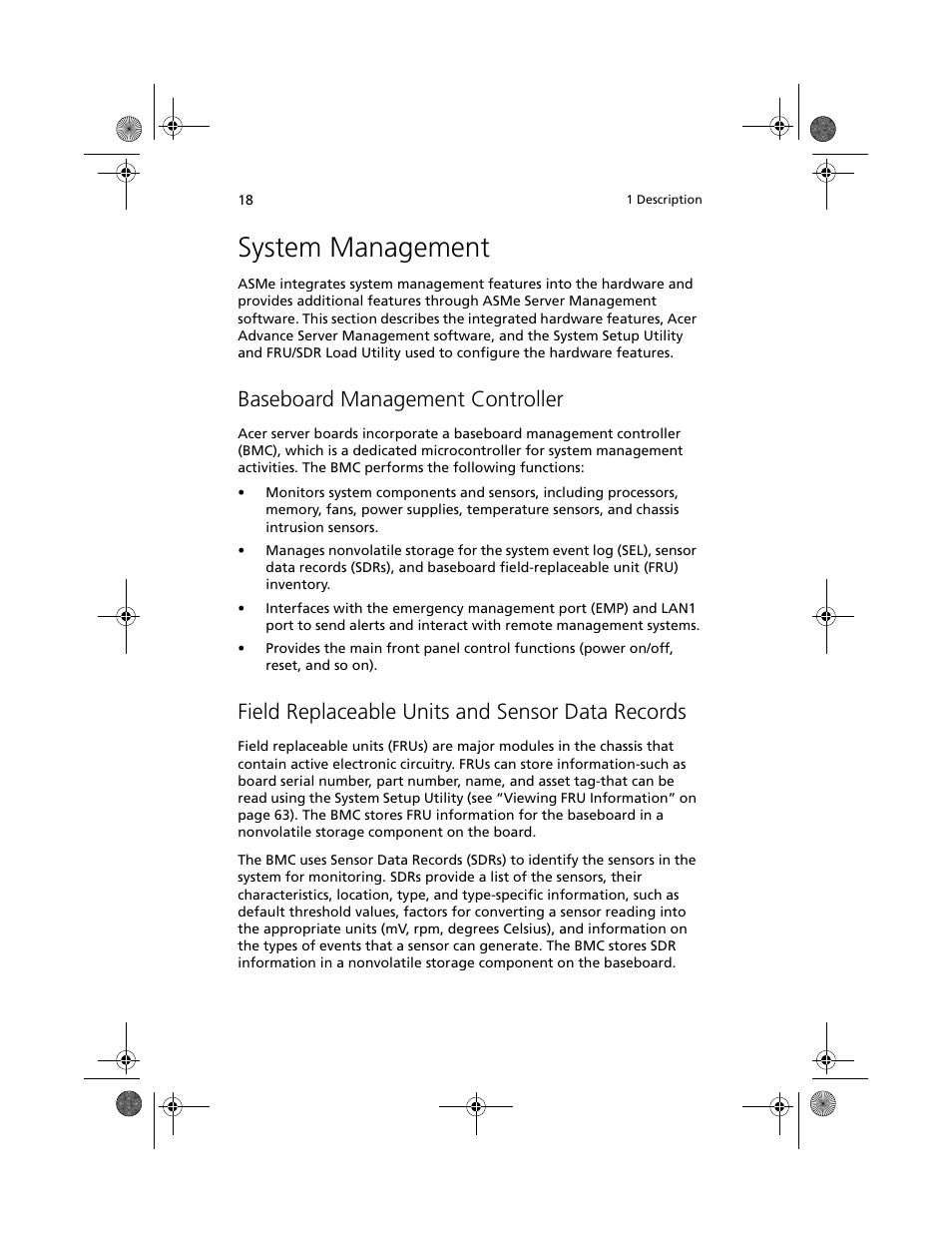 System management, Baseboard management controller, Field replaceable units and sensor data records | Acer Altos R700 User Manual | Page 28 / 130