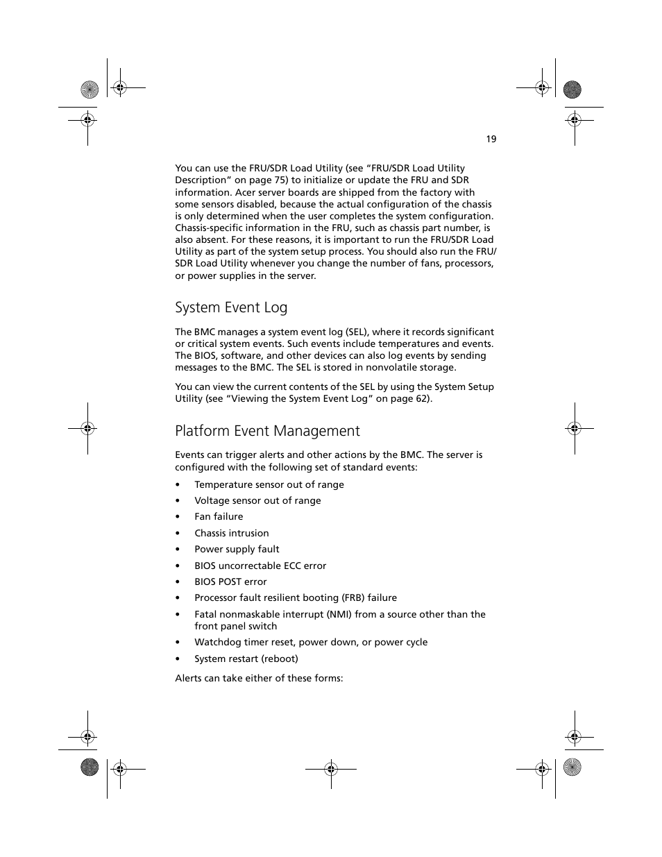 System event log, Platform event management | Acer Altos R700 User Manual | Page 29 / 130