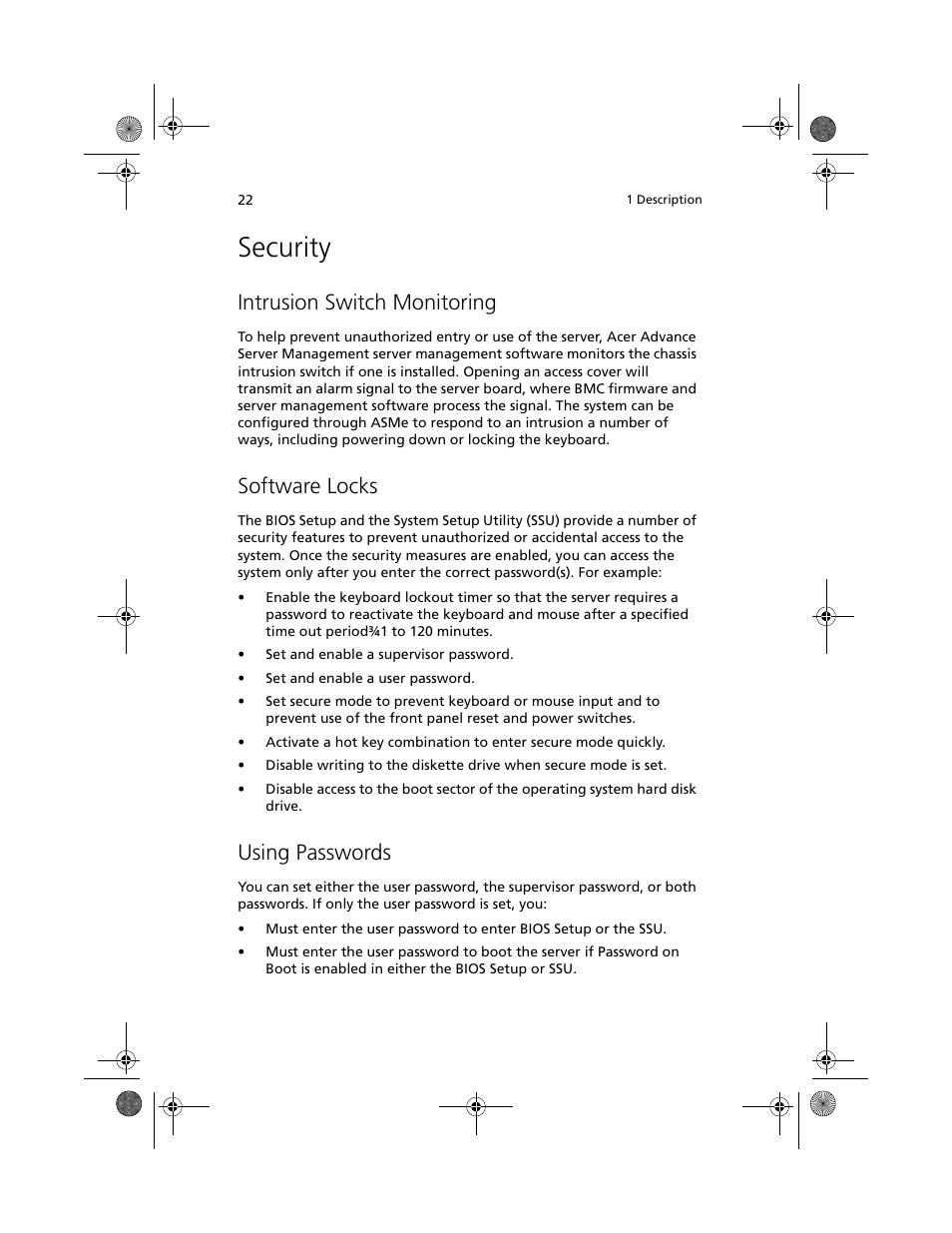 Security, Intrusion switch monitoring, Software locks | Using passwords | Acer Altos R700 User Manual | Page 32 / 130