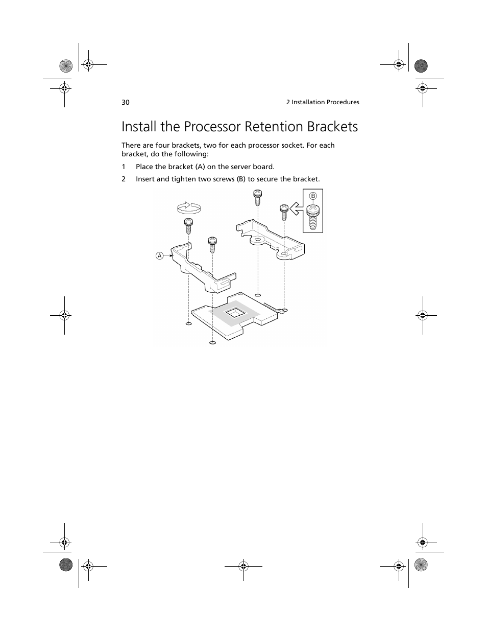 Install the processor retention brackets | Acer Altos R700 User Manual | Page 40 / 130