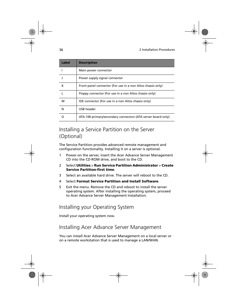 Installing your operating system, Installing acer advance server management | Acer Altos R700 User Manual | Page 46 / 130