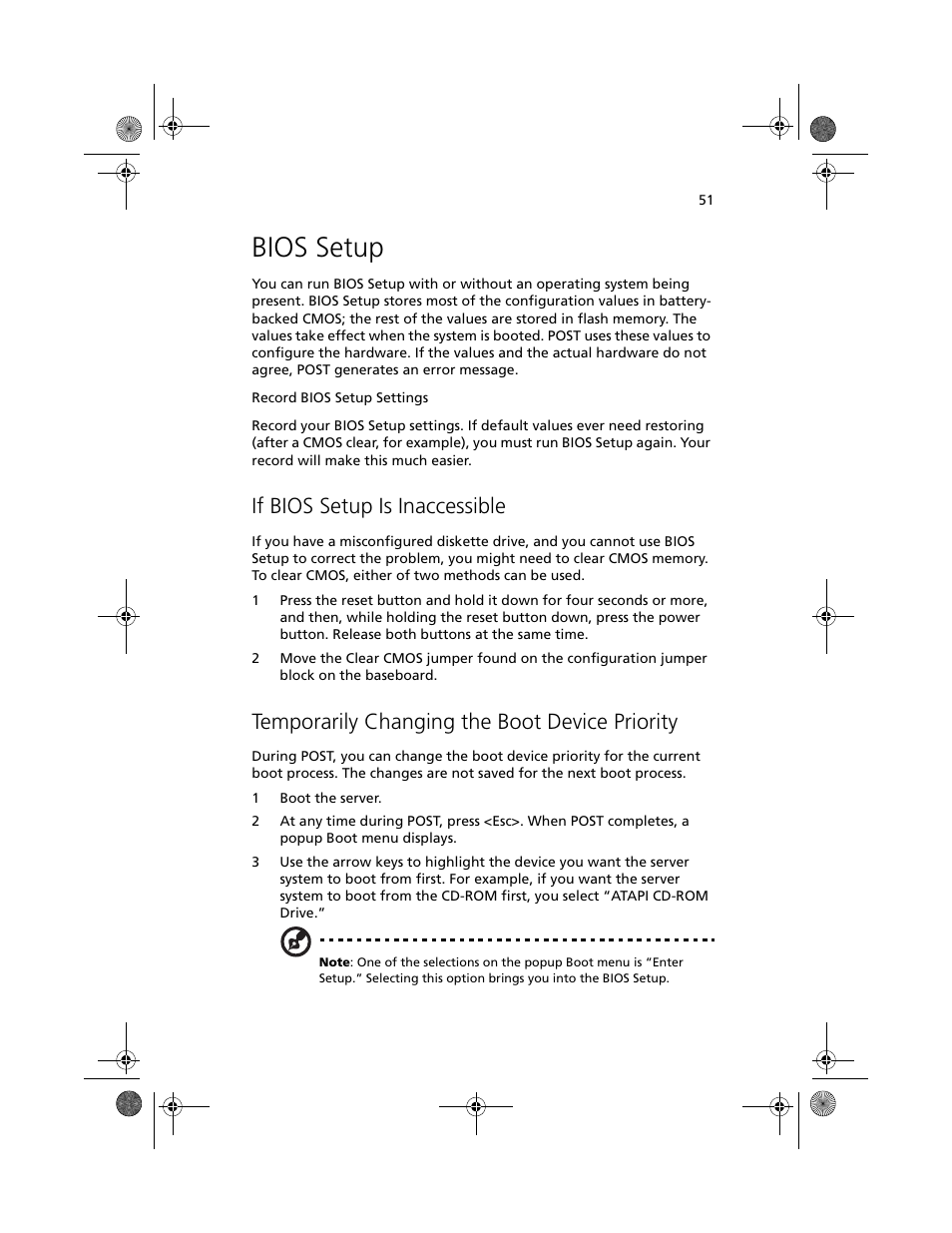 Bios setup, If bios setup is inaccessible, Temporarily changing the boot device priority | Acer Altos R700 User Manual | Page 61 / 130