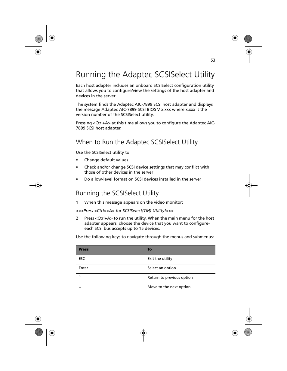 Running the adaptec scsiselect utility, When to run the adaptec scsiselect utility, Running the scsiselect utility | Acer Altos R700 User Manual | Page 63 / 130