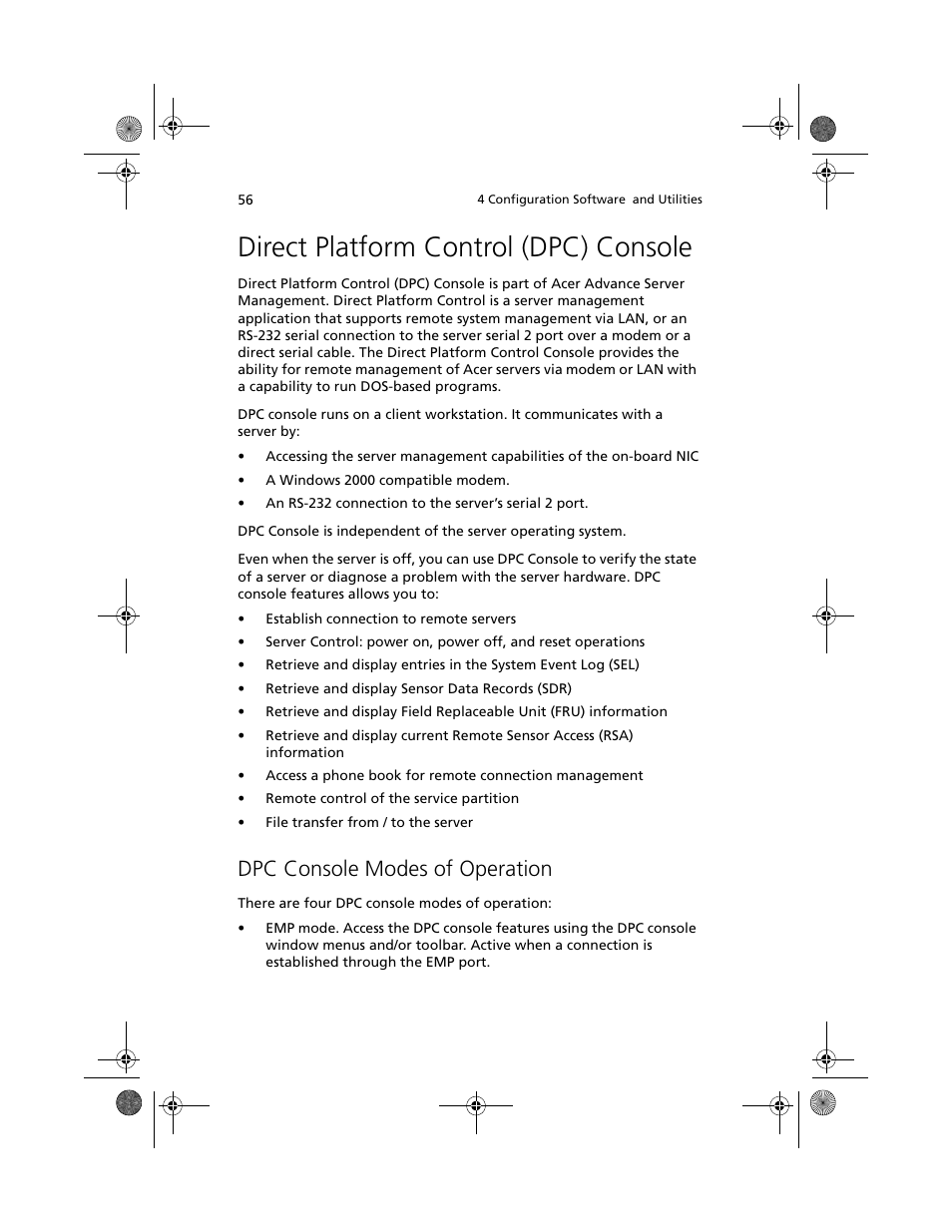 Direct platform control (dpc) console, Dpc console modes of operation | Acer Altos R700 User Manual | Page 66 / 130