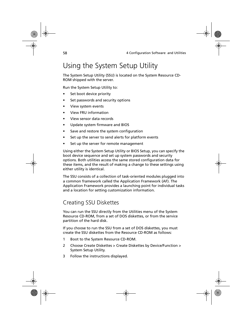 Using the system setup utility, Creating ssu diskettes | Acer Altos R700 User Manual | Page 68 / 130