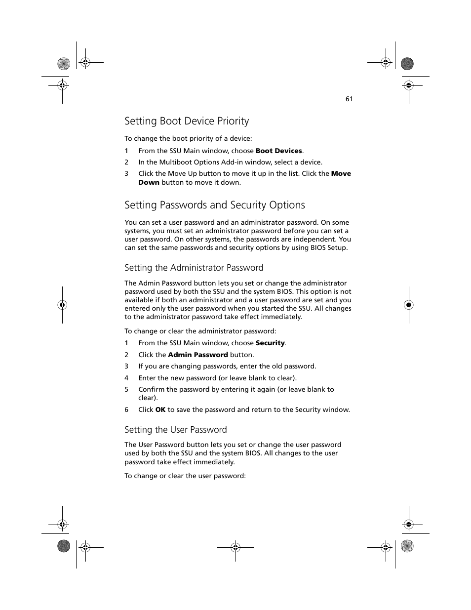 Setting boot device priority, Setting passwords and security options | Acer Altos R700 User Manual | Page 71 / 130