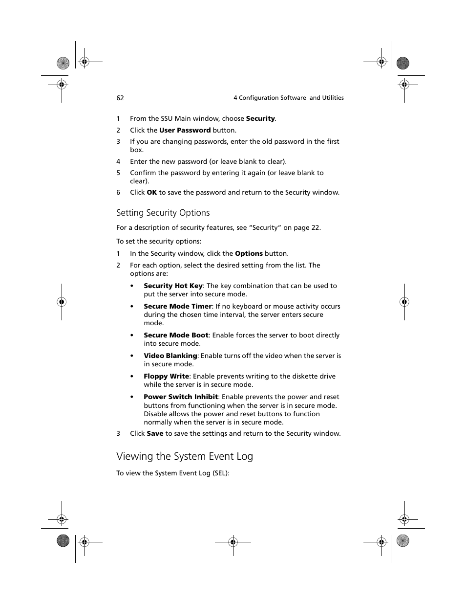 Viewing the system event log, Setting security options | Acer Altos R700 User Manual | Page 72 / 130