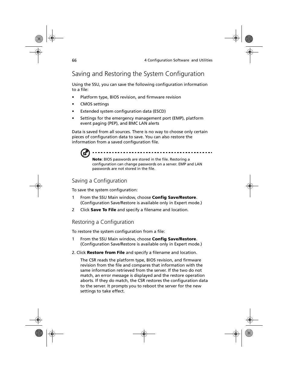 Saving and restoring the system configuration, Saving a configuration, Restoring a configuration | Acer Altos R700 User Manual | Page 76 / 130