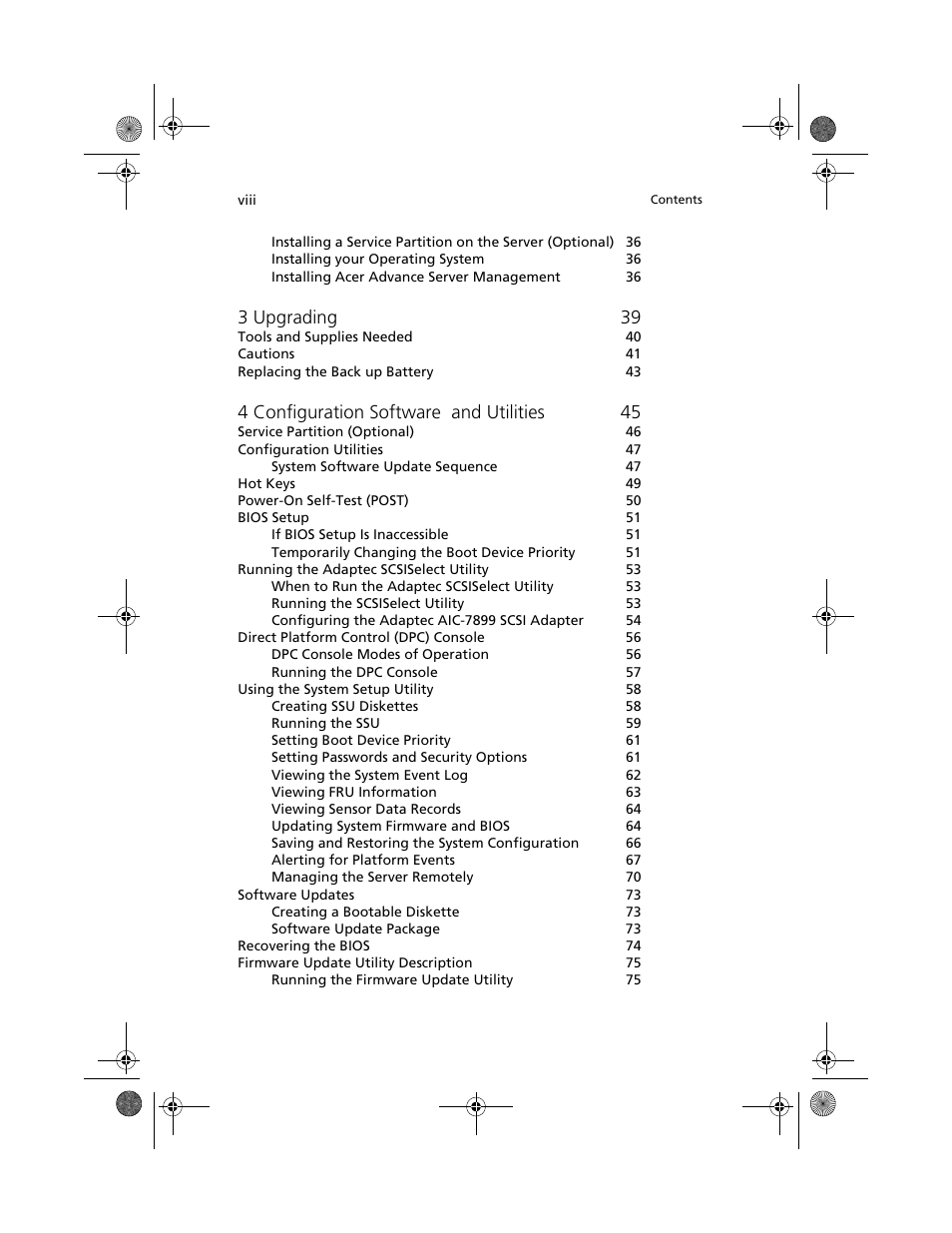 3 upgrading 39, 4 configuration software and utilities 45 | Acer Altos R700 User Manual | Page 8 / 130