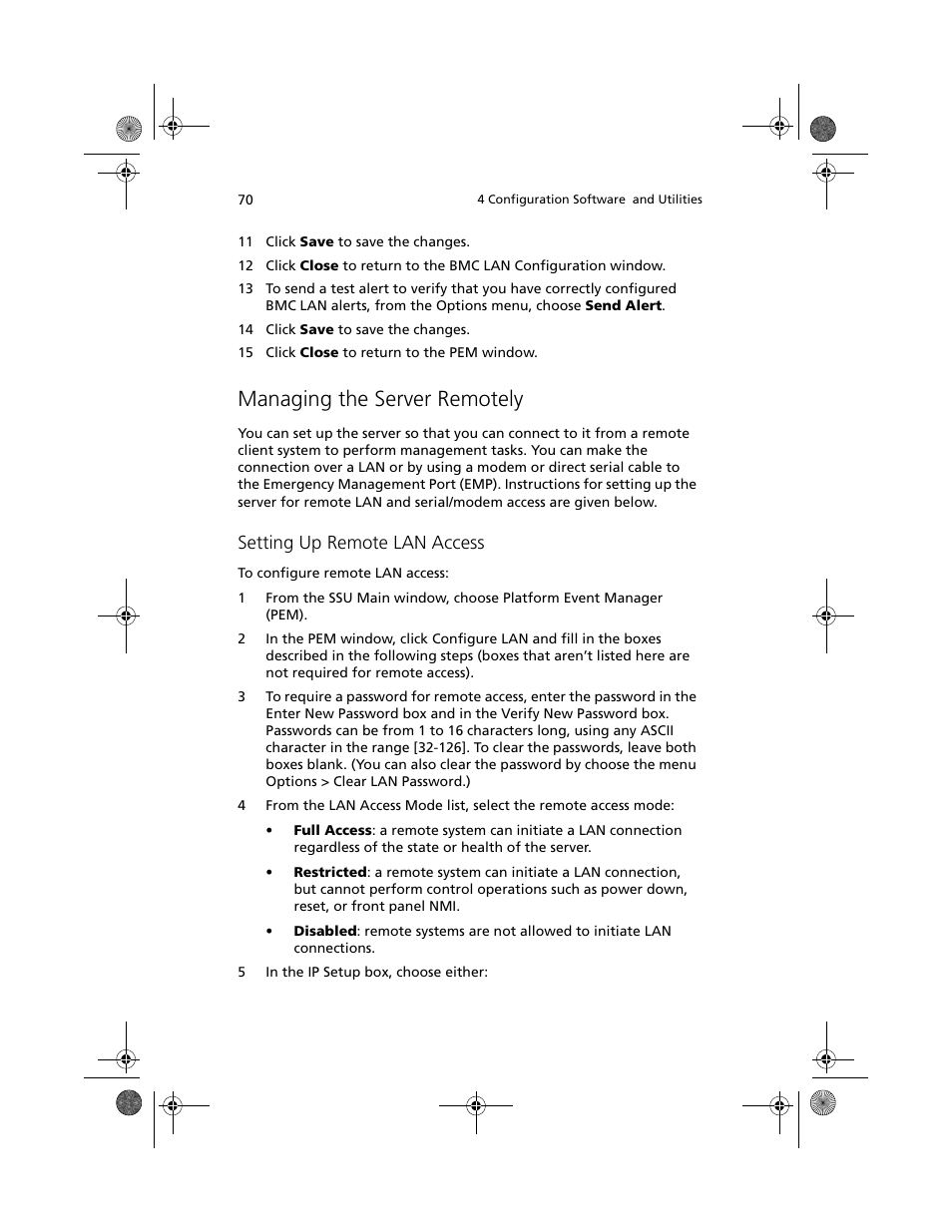 Managing the server remotely, Setting up remote lan access | Acer Altos R700 User Manual | Page 80 / 130