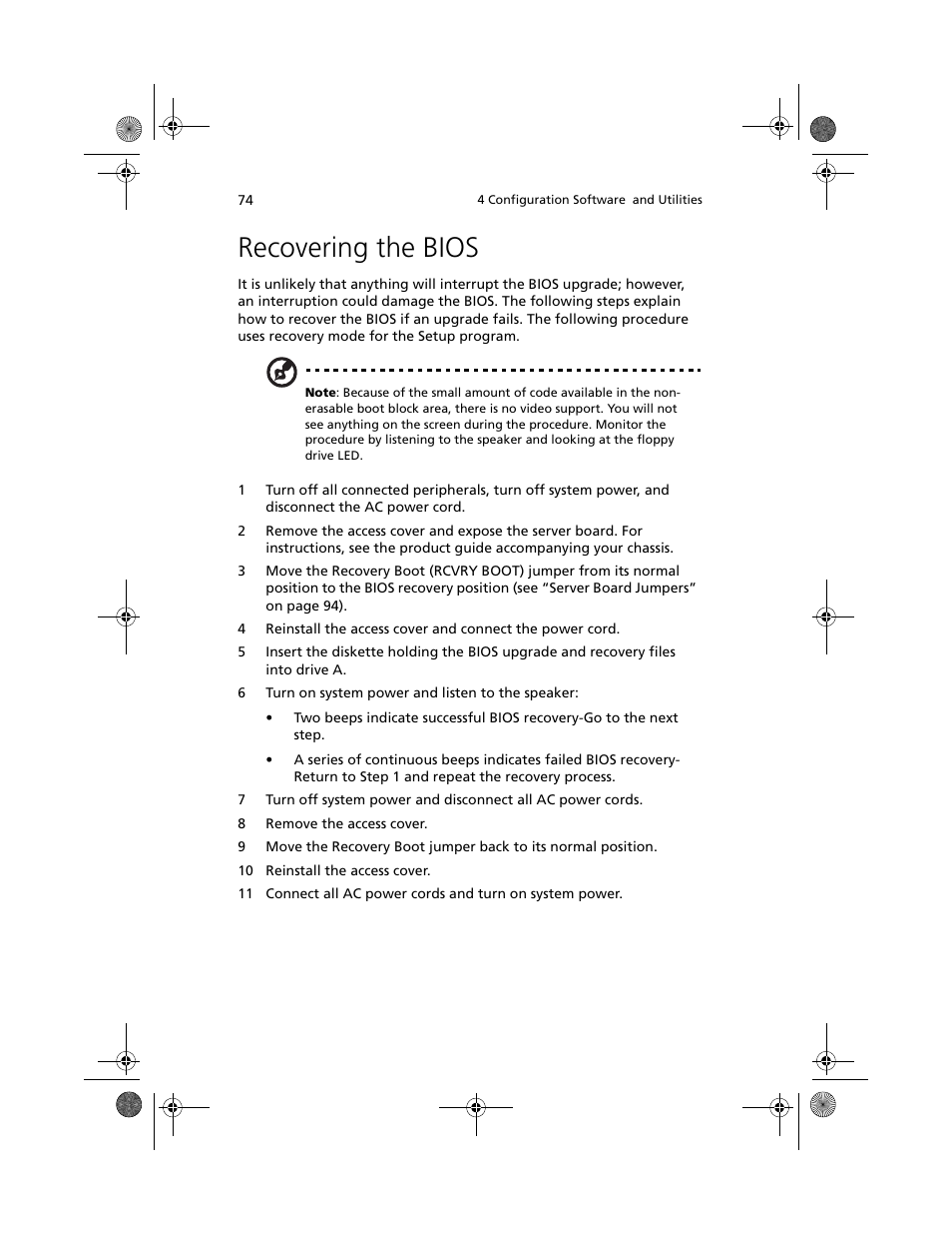 Recovering the bios | Acer Altos R700 User Manual | Page 84 / 130