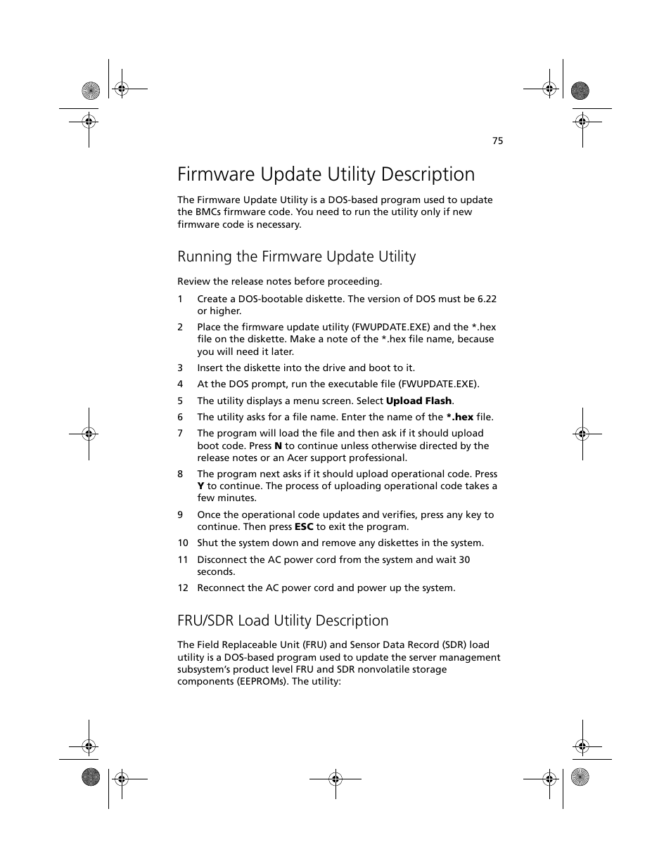 Firmware update utility description, Running the firmware update utility, Fru/sdr load utility description | Acer Altos R700 User Manual | Page 85 / 130