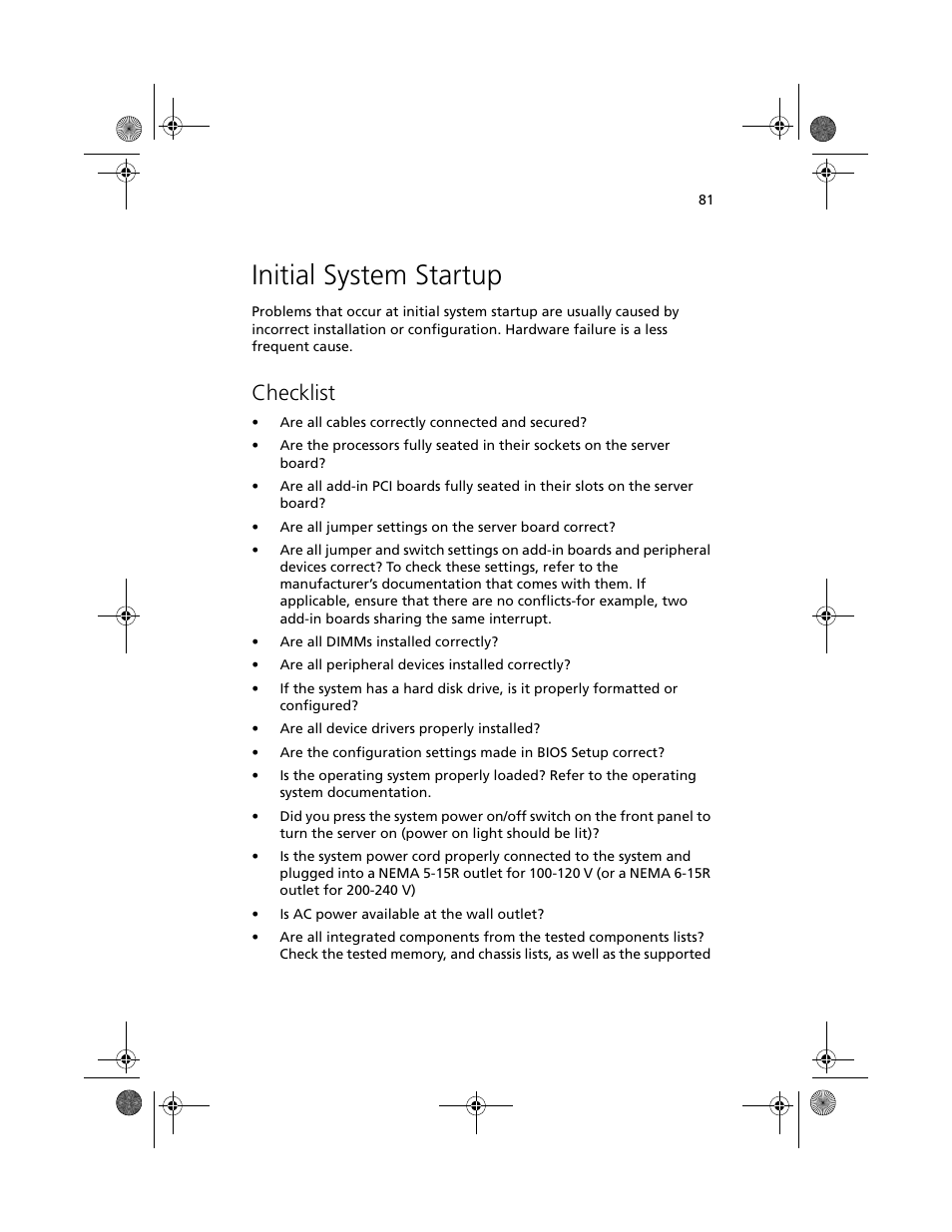 Initial system startup, Checklist | Acer Altos R700 User Manual | Page 91 / 130