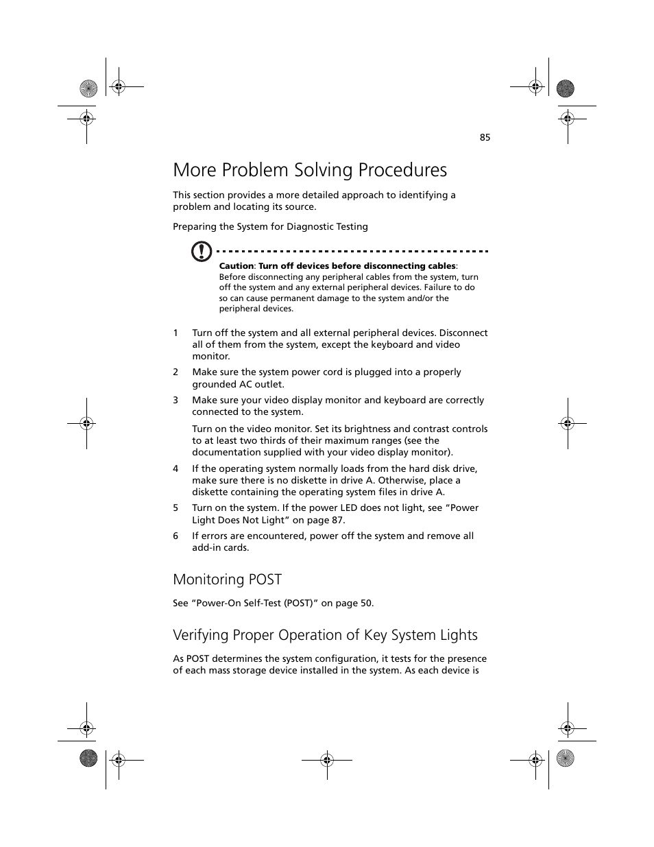 More problem solving procedures, Monitoring post, Verifying proper operation of key system lights | Acer Altos R700 User Manual | Page 95 / 130