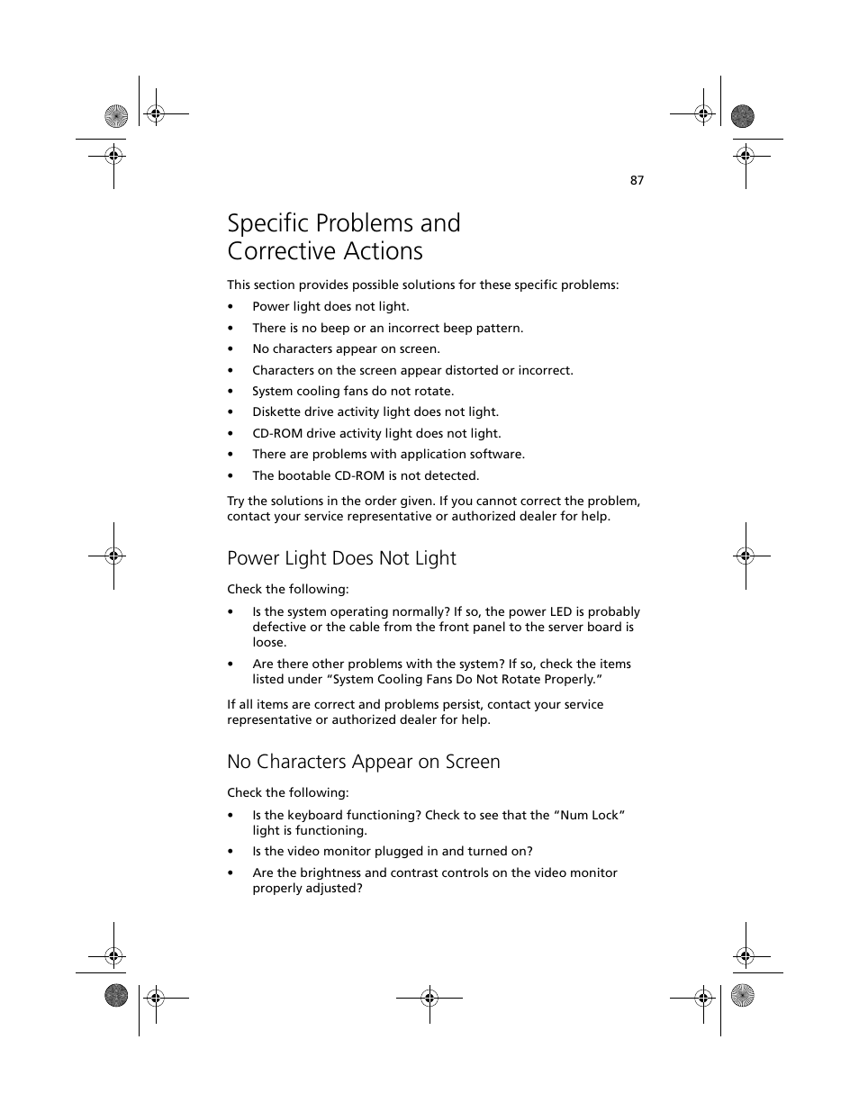 Specific problems and corrective actions, Power light does not light, No characters appear on screen | Acer Altos R700 User Manual | Page 97 / 130